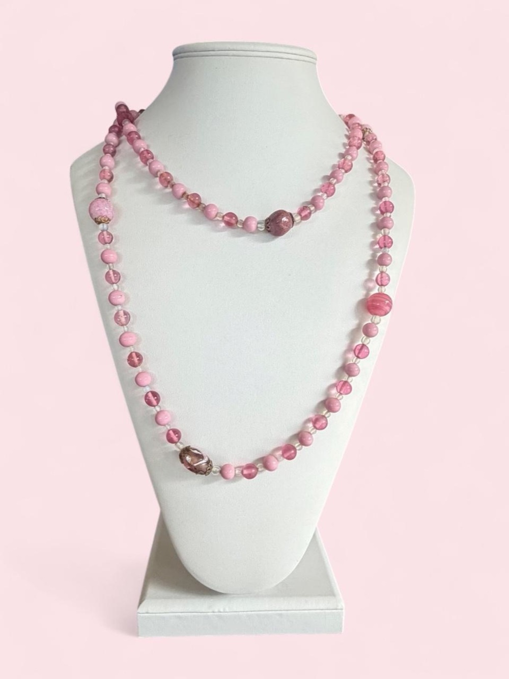 1950s Pretty In Pink Art Glass Beaded Necklace - 48” Long Hand Knotted Flapper